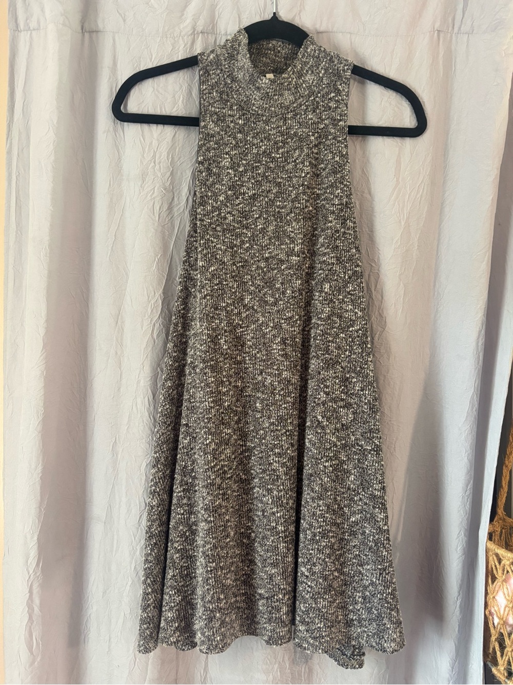 Sage Marled Knit Mock Neck Swing Dress Small Gray Black Sleeveless Boho